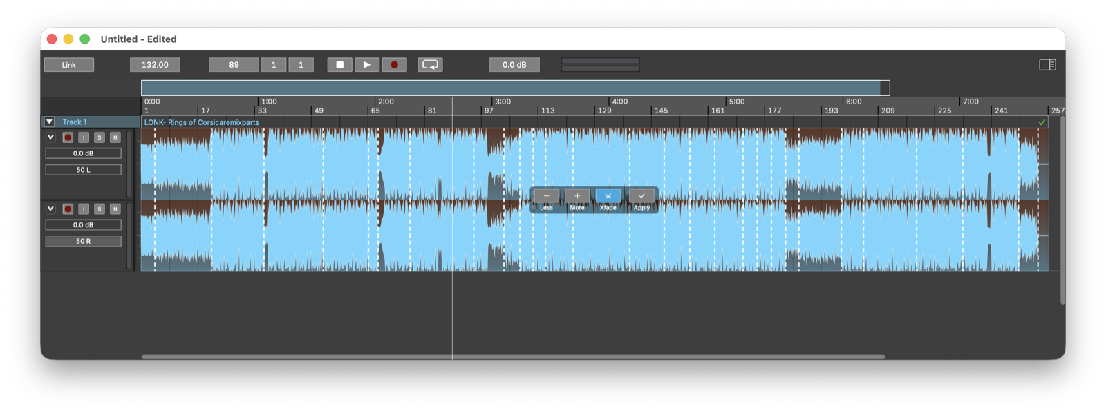 Auto Edit: Create Segments preview with analysed cut points and the Less / More / Xfade / Apply overlay